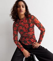 New Look Petite Red Floral Mesh Ruched Long Sleeve Top